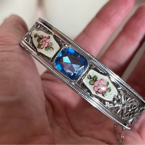 Vintage antique Victorian Art deco Silver Filagree Rose Enamel Blue Bracelet - Picture 4 of 17
